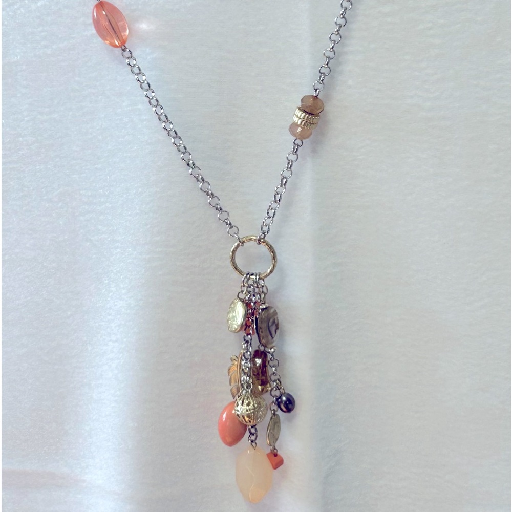 Chico’s long necklace with tassel, Peach and gold , sliver tone chain